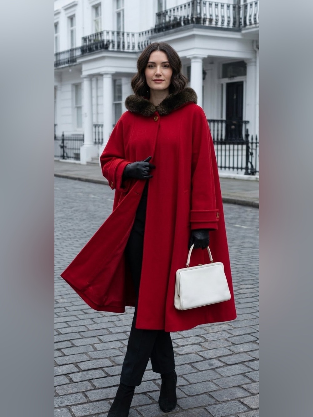 Vintage COMBAS Italy Red Wool Blend Fur hooded Swing  Coat Faux Trim Cape Sz 42